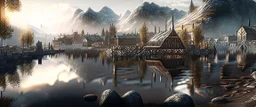 lake city during the iron age realistic, photorealistic, natural lighting, elegant HDR complex picture Octane hyper realistic cinematic reflections very detailed