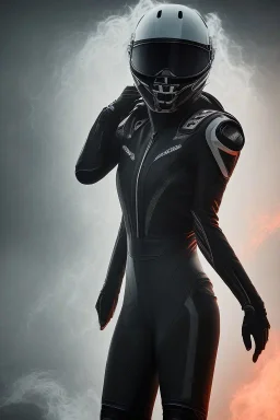 All Black racing suit AnnaSophia Robb, portrait, ghost mask, wearing high tech racing helmet, white smoke, dark, rage, sorrow, high definition, ultra 8 k, volumetric lighting, blue fire, fog