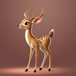 full body of a bald white tail deer with antlers, standing with big smile facing the left and big eyes looking to the left , tail upward, on flat background, in the style of 'My Little Pony' and Bambi, fantastic lighting