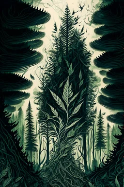 Sketch a composition where intricate smoke patterns transform into a forest of towering trees made entirely of crushed weed leaves, filling the canvas with a surreal and visually captivating asymmetrical landscape.