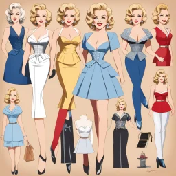 a paper doll of Marilyn with different outfits corresponding to her main movies