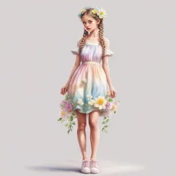 Isolated on white background, Beautiful, full body, spring inspired girl with big double braids, wearing a mid thigh spring dress in pasted easter colors, barefeet, airbrush illustration, high resolution, 8K, no background, no shadow