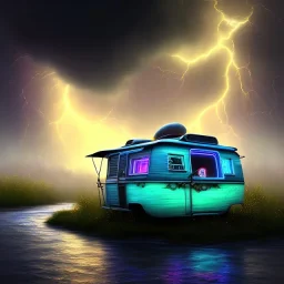 An old caravan at the bottom of an streaming river, lots of clouds within neon lights, thunder