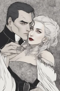 Strahd Von Zarovich being kissed on the neck by a beautiful woman with white hair, wearing an off the shoulder dress. Settling and background are a lavish toomb with an ebony coffin.