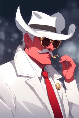 An old male crimson red demon wearing a white and gold police comisioner outfit, he is also wearing glasses, he has a white scruffy mustache, and a small black fedora.