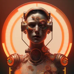 A beautiful portrait of a cute cyberpunk woman happy, alphonse mucha style, grain on the skin, tribal tatoos, orange color scheme, high key lighting, volumetric light high details,octane render, redshift render,ambient lighting