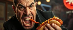 mean looking mafia thug eating a hot dog