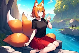 Girl, fox ears, one big fox tail, orange hair, red skirt, river, fox foot , sit on the shore, purple fox eyes, black T-shirt, fox hand