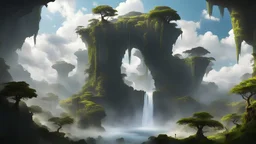 sky, void, many tiny connected by bridgesfloating islands surrounded by clouds, liana, waterfalls, one Temple, natural bridges, vegetation, 4k