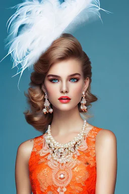 full body beautiful girl, elegant orange,lace clothes of the 80s, luxury style, small elegant hat with feather, hair of the 80s, pearl necklace, earrings masterful, beautiful face,blue backdrop