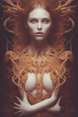 portrait photography of an ethereal beautiful animal goddess, Fire theme art, Dark moody night atmosphere, Portrait of a woman by Michelangelo, 8K, close-up face, anatomically perfect face, oak tree roots, ignore NSFW