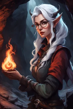 A Dnd Tiefling with a long tail and small horns in a dark cave. A female archeologist with white hair, wearing glasses, in adventurer's clothes. Cunning, beautiful, cool.