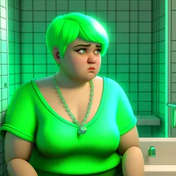 3D,12 years old plus size girl, in the bathroom,necklace,looks exhausted, green short hair,, low cut,childish