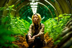 Unground solar punk tunnels, cinematic, extreme dof, dystopian, sci-fi, award-winning, Yui working hard in a garden, National Geographic, breath taking, oxygen farm but outside is a desert, fantasy, magical, geometry