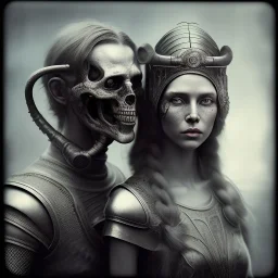 A viking boy and a girl, hr giger, scary, steam punk, realistic, made in octane, cinematic, ultra-realistic, extremely detailed octane rendering, 8K, VRAY Super Real ar 2:3, dof photorealistic futuristic 50mm lens hard lighting dark gray tintype photograph, realistic lighting, sepia color