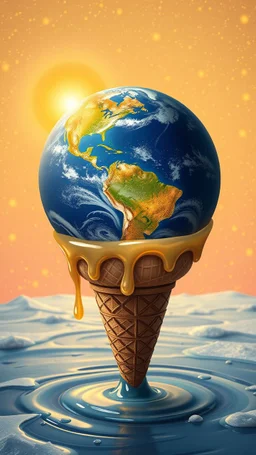 art create a 4k image of beautiful planet Earth in side a fof ice cream cone as an illustration in the style of Bosch , Van Gogh , large droplets of viscous and syrupy fluid, the golden sun and crystal white iced moon , and glowing stars in the background with golden yellow,