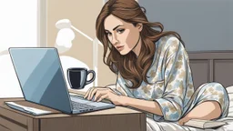 realistic photo about a woman hiding under the bed and working on a laptop, she has half-length brown hair and wearing pajamas , pale light, half socks and a mug of coffee next to her, high detalied, sharp focus, high realistic photo, perfect shot