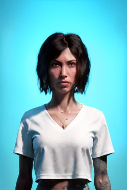 Ultra Realistic image, 25 years old brunette woman, Madrid, portrait, small stature, small chest, yakuza body tattoo, white broken cotton short undershirt, black latex short, vibrant color, highly detailed, art stations, concept art, smooth, unreal engine 5, god rays, ray tracing, RTX, lumen lighting, ultra detail, volumetric lighting.