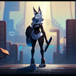 a fox fursona, darker colors, master quality, backlighting, soft lights, full body portrait, in frame, 8k, furry, fur, dark color pallet, robotic arm, cyberpunk, anthropomorphic, perfectly drawn face, well drawn paws