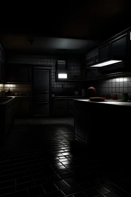 a dark scary quiet kitchen with no windows and a flickering light