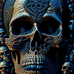 a close up of a person's face with a sign and a lot of skulls, detailed 3d gothic oil painting, 4k highly detailed digital art, detailed cover artwork, surrealistic digital artwork, by Johfra Bosschart, abstract occult epic composition, neosurrealism. digital art, horror surreal art, 4k detailed digital art, horror fantasy art, surreal dark art