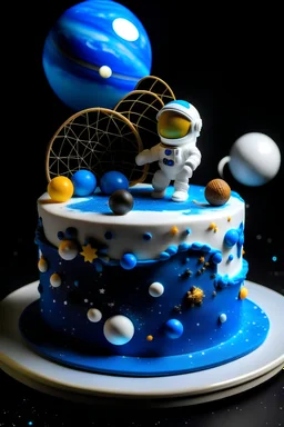 White round cake, blue balls with gliter on one side, on the top are astronaut