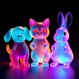 Three colored translucent 3D animals — a small dog, a cat, and a rabbit — standing together in funny poses, each made of glowing glass-like material with vibrant iridescent gradients of cyan, magenta, amber, and violet glowing from within. Subsurface scattering, refractions, and caustics pass light through their transparent bodies, revealing soft inner structures. Cute proportions with rounded forms, floating in a dark void, volumetric lighting, octane render, hyperrealistic, ultra-detailed, 8k,