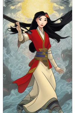 Mulan was a force to be reckoned witha woman whose spirit burned with an unyielding determination and an insatiable thirst for adventure. With fiery hair cascading in loose waves down her shouldersMulan possessed an allure that drew people in, leaving them captivated by her vibrant presence. Mulan's eyes sparkled with a mischievous glint, hinting at the secrets she held within.