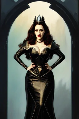 painting of kat dennings as evil queen in black leather gown, feminie, angry, stern look on her face, volouptous, busty, cleavage, emperious, mature, highly detailed, digital painting, artstation, concept art, smooth, sharp focus, illustration, art by gaston bussiere and alphonse mucha