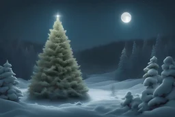 vianočný stromček s prskavkami v zasneženej lesnej krajine zaliatej mesačným svitom a padajúcim snehom s obrysom ježiša krista v pozadí