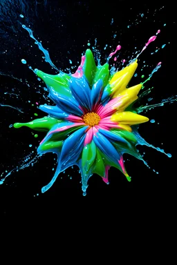 A stark contrast between a velvety black background and a vibrant splash of colorful liquid. Against the abyssal darkness, a radiant burst of neon hues—blues, greens, pinks, and yellows—emerges from an unseen source, frozen in mid-air. The liquid forms an intricate, organic shape, reminiscent of a blooming flower or an exploding star, with delicate tendrils reaching outward, each one a blend of the four colors. At the center of this cosmic explosion, a small, spherical drop of the same liquid ha