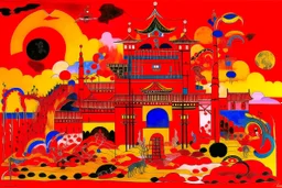 A red fiery Chinese palace painted by Wassily Kandinsky