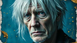 Old Punk 60 years old, portrait, white hair, blue background, gold and silver fragments and particles, glow, glare, old torn cracked canvas, mystical, fine rendering, high detail, sharp focus, 8K
