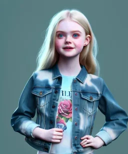 Elle fanning toddler, full body, city background, tatoo denim jacket, floral shirt, dramatic lighting