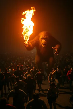 A giant monkey holding a flame chasing from a distance a Thousand of people running scared toward the camera at night