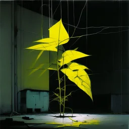 Minimal abstract oil painting of a large leaf plant in concrete warehouse brutalist architecture and hanging wires illuminated at night. With triadic yellow colours. In the style of Justin Mortimer and Phil Hale, Ashley Wood