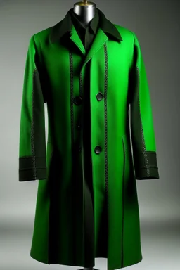 Man's green long wool coat with embossed black large bars