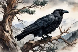 museum quality ink wash and watercolor painting of a wandering Raven perched in the branches of an ancient, gnarled and twisted, Bristlecone Pine, on a remote plateau in the Rocky Mountains in the style of Karl Bodmer, and Winslow Homer, rendered as an aquatint, with a fine art aesthetic, highly detailed , 8k UHD cinegraphic realism