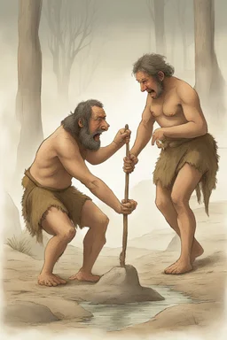 Create an image of two prehistoric human characters in an early Stone Age setting, surrounded by a dusky, misty environment suggestive of early morning. One character is bending over, inadvertently creating a stream of fire from their posterior, a humorous play on the discovery of fire. The other character, standing upright, is holding a primitive tool and laughing heartily at the scene. Both are wearing rough animal fur clothing. The scene is lighthearted, capturing a comedic moment between tw