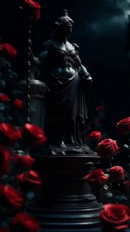 The statue of justice is filled with blood, carrying a scale full of red roses, and poppy flowers grow from underneath it and climb the statue. Dark garden background cinematic.