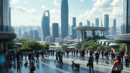 A futuristic scene depicting the bustling heart of a 2080 city center. The foreground features a diverse array of photorealistic individuals engaged with innovative, tech-enhanced elements - holographic displays, autonomous transportation, immersive public art. In the background, a panoramic vista of the larger city skyline - towering organic skyscrapers, elevated transit, verdant green spaces. Convey a sense of scale, depth and awe-inspiring technological wond