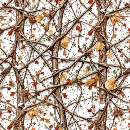 detailed Real Tree Camouflage made of sticks, twigs, dried leaves, pine branches, snow and dirt, white background, seamless repeatable texture pattern imitating a natural forest background