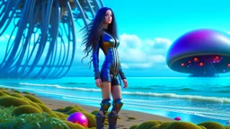 A Long-Haired Woman In A Robotic-Looking Catsuit Standing On A Beach, With Flying Mushrooms with Jellyfish Tentacles, and a crashed Spaceship lying in the water, and a Forest in the distance, photorealistic