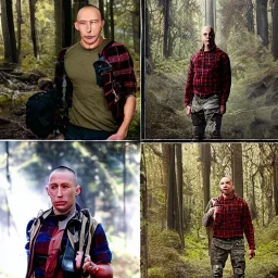 Georges st pierre with a red plaid shirt a jean and a military backpack in a creepy forest carrying a gun in the belt