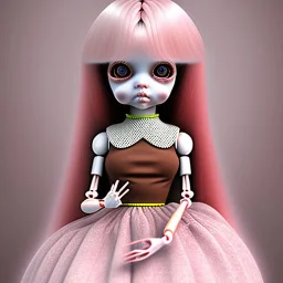 ball jointed doll, long pink hair, brown eyes, pink dress, sitting