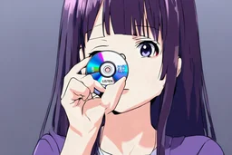 Manga Girl showing a plastic cd with the word LISTEN, in the style of a manga