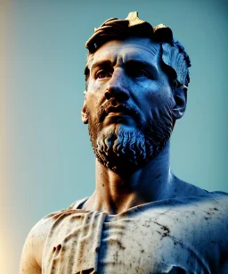 Ultra Realistic image, roman sculpture, marble deluxe material, Lionel Messi, gold sun crown, miguel angel style, chisel style, emperador, waist up portrait, cinematic lighting, God light, god rays, 4k resolution, smooth details, ornate details, soft lighting, unreal engine 5, sky background.