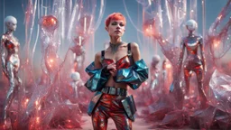 Captivating fashion effortlessly loaned by (her daring extra red pixie cut). She's chicly garbed in an avant-garde futuristic clothes, full body,, channelling the chaotic beauty , standing best pose in a grey distopic landscape of shimmering vibrant fashion artworks, radiating and weird cyber style