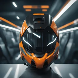 the flying helmet is in the subway station, in the style of futuristic cyberpunk, tilt-shift lenses, uhd image, jarek kubicki, military and naval scenes, industrial and product design, light black and orange