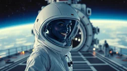 "Artistic photography (((FULL BODY from HEAD to FEET +profile))), enormous almond shape lighted crystal clear eyes, she is dressed in a white shiny jumpsuit she is a gorgeous smiling extra terrestrial woman with indigo purple blue skin with a high elongated skull like a magnum bottle, 40 y/o asian, she wears white snow boots, and she is outside on the large landing deck of the space station in cosmos.